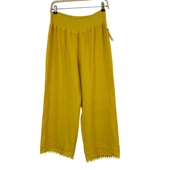 Anthropologie Wide‎ Leg Linen Cropped Pants Women L Yellow Pom Pom Trim Pull On - Picture 1 of 12